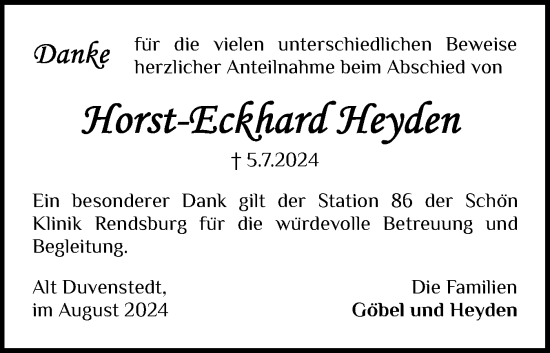 Traueranzeige von Horst-Eckhard Heyden von Schleswig-Holsteinische Landeszeitung