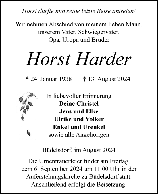 Traueranzeige von Horst Harder von Schleswig-Holsteinische Landeszeitung