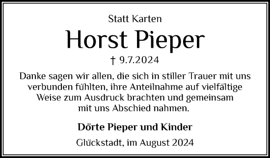 Traueranzeige von Horst Pieper von Norddeutsche Rundschau, Wilstersche Zeitung, Glückstädter Fortuna