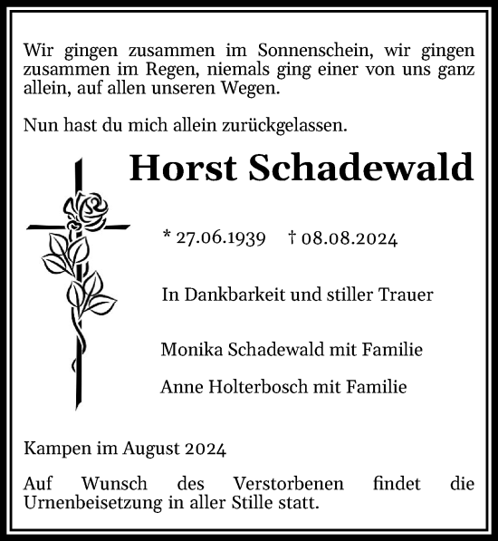 Traueranzeige von Horst Schadewald von Sylter Rundschau