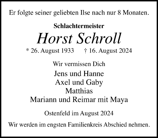 Traueranzeige von Horst Schroll von Schleswig-Holsteinische Landeszeitung