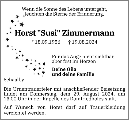 Traueranzeige von Horst Zimmermann von Schleswiger Nachrichten, Schlei-Bote