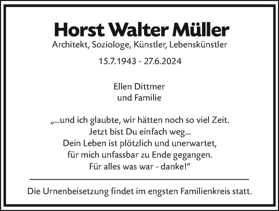 Traueranzeige von Horst Walter Müller von Schleswig-Holsteinische Landeszeitung