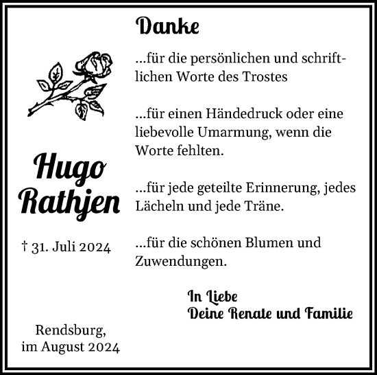 Traueranzeige von Hugo Rathjen von Schleswig-Holsteinische Landeszeitung