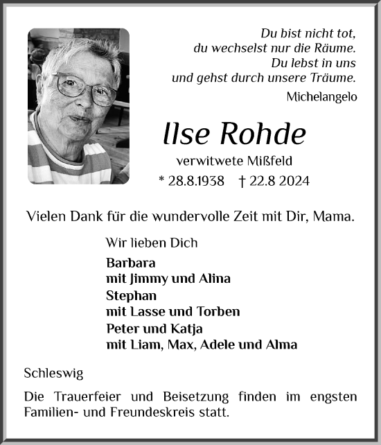 Traueranzeige von Ilse Rohde von Schleswiger Nachrichten, Schlei-Bote