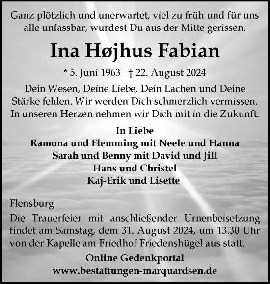 Traueranzeige von Ina Højhus Fabian von Flensburger Tageblatt