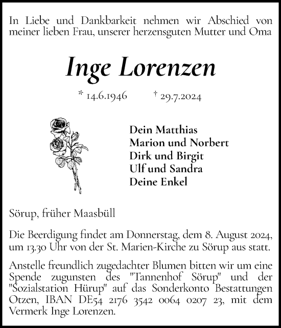 Traueranzeige von Inge Lorenzen von Flensburger Tageblatt