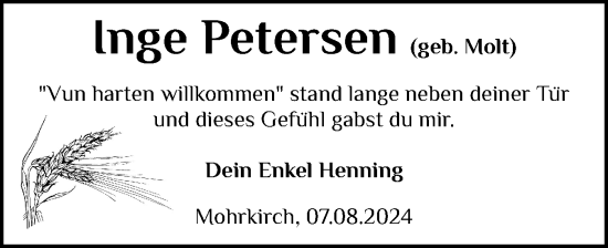 Traueranzeige von Inge Petersen von Flensburger Tageblatt, Schleswiger Nachrichten, Schlei-Bote