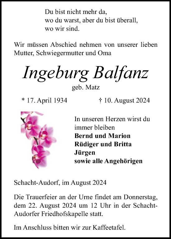 Traueranzeige von Ingeburg Balfanz von Schleswig-Holsteinische Landeszeitung