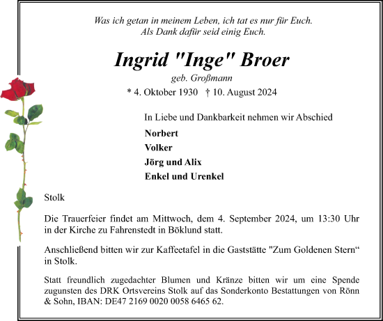 Traueranzeige von Ingrid Broer von Schleswiger Nachrichten, Schlei-Bote