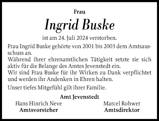 Traueranzeige von Ingrid Buske von Schleswig-Holsteinische Landeszeitung