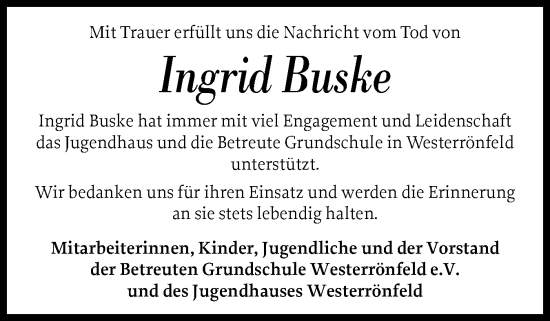 Traueranzeige von Ingrid Buske von Schleswig-Holsteinische Landeszeitung