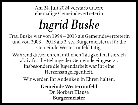 Traueranzeige von Ingrid Buske von Schleswig-Holsteinische Landeszeitung