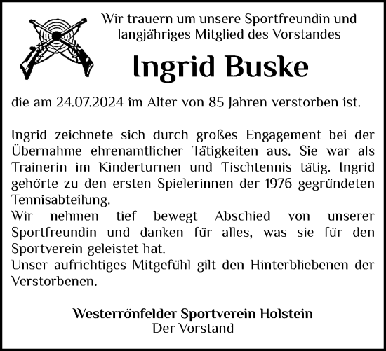 Traueranzeige von Ingrid Buske von Schleswig-Holsteinische Landeszeitung