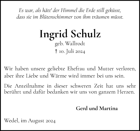 Traueranzeige von Ingrid Schulz von Wedel-Schulauer Tageblatt, tip Wedel-Schulauer Tageblatt, tip Rissener Rundschau