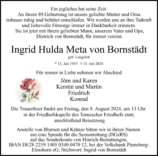 Traueranzeige von Ingrid Hulda Meta von Bornstädt von Uetersener Nachrichten, Der tip am Wochenende