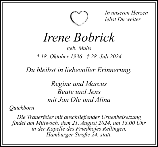 Traueranzeige von Irene Bobrick von Region Pinneberg und tip Pinneberg