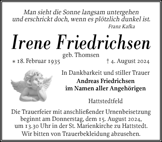 Traueranzeige von Irene Friedrichsen von Husumer Nachrichten, Nordfriesland Tageblatt