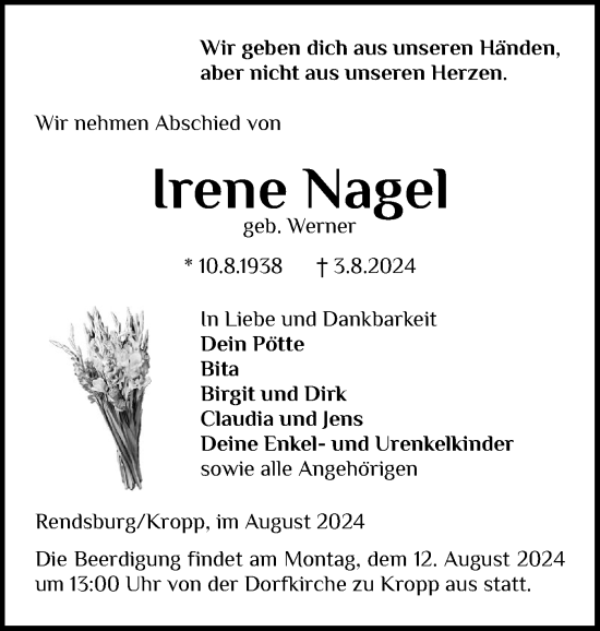 Traueranzeige von Irene Nagel von Schleswig-Holsteinische Landeszeitung