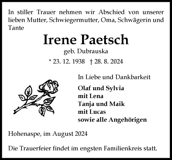 Traueranzeige von Irene Paetsch von Norddeutsche Rundschau, Wilstersche Zeitung, Glückstädter Fortuna