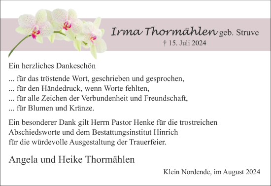 Traueranzeige von Irma Thormählen von Elmshorner Nachrichten, Barmstedter Zeitung