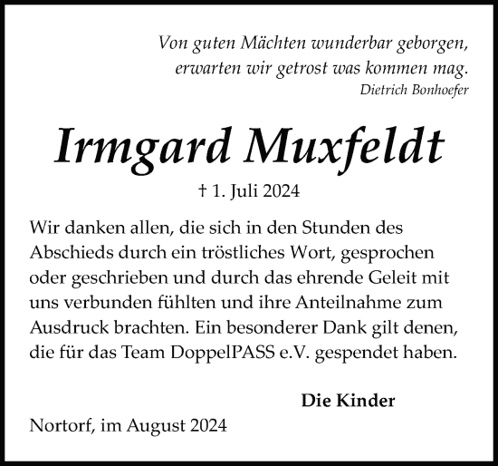 Traueranzeige von Irmgard Muxfeldt von Schleswig-Holsteinische Landeszeitung