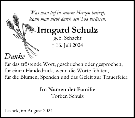 Traueranzeige von Irmgard Schulz von Stormaner Tageblatt