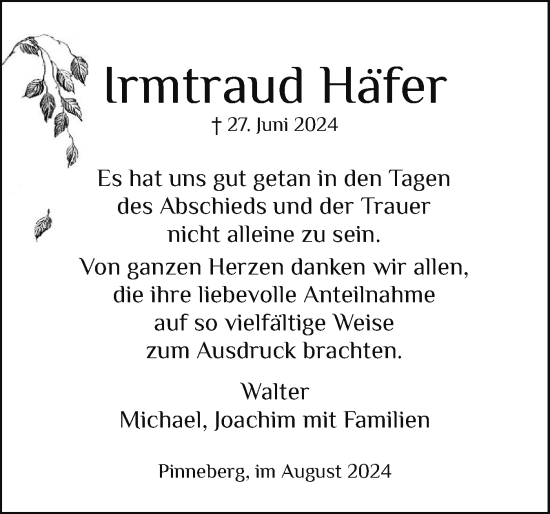 Traueranzeige von Irmtraud Häfer von Region Pinneberg und tip Pinneberg