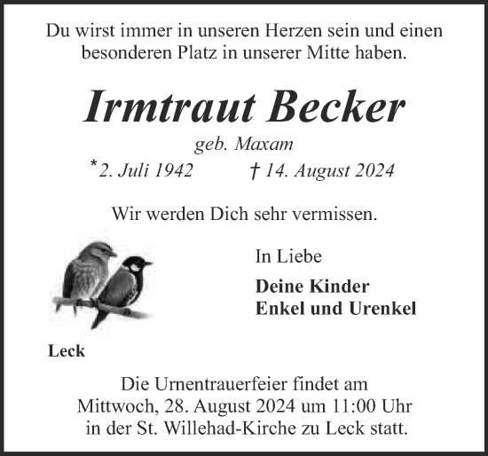 Traueranzeige von Irmtraut Becker von Husumer Nachrichten, Nordfriesland Tageblatt