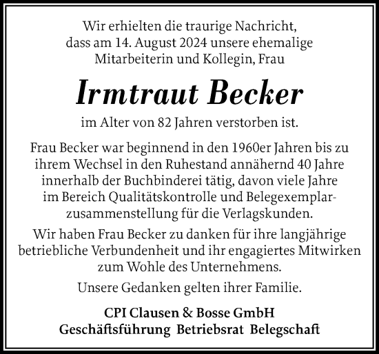 Traueranzeige von Irmtraut Becker von Husumer Nachrichten, Nordfriesland Tageblatt