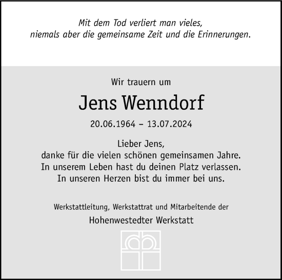 Traueranzeige von Jens Wenndorf von Schleswig-Holsteinische Landeszeitung