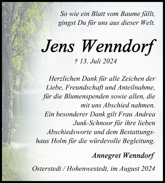Traueranzeige von Jens Wenndorf von Schleswig-Holsteinische Landeszeitung