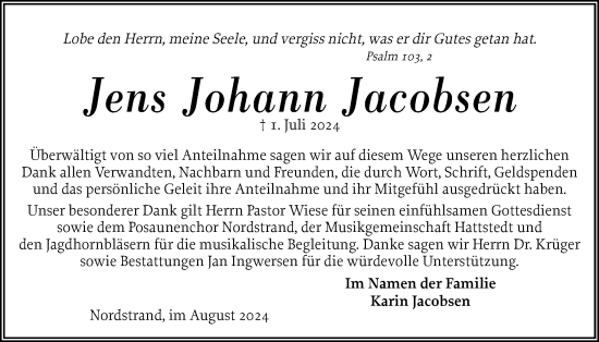 Traueranzeige von Jens Johann Jacobsen von Husumer Nachrichten, Nordfriesland Tageblatt