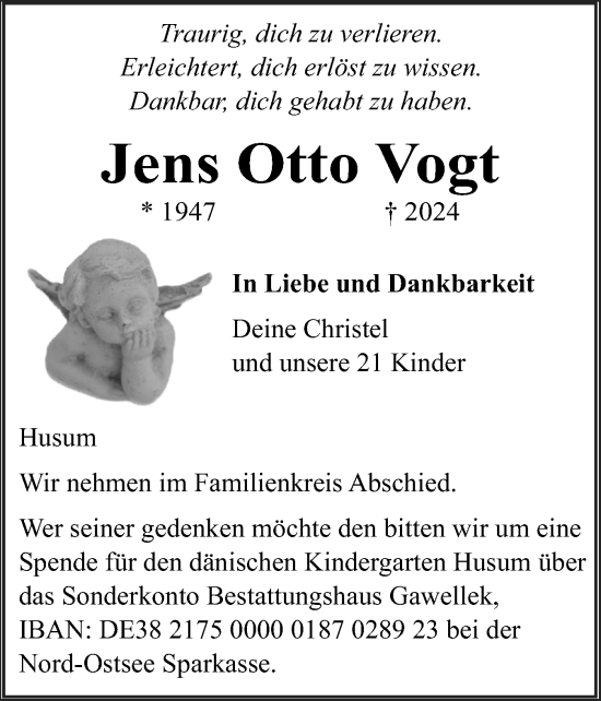 Traueranzeige von Jens Otto Vogt von Husumer Nachrichten, Nordfriesland Tageblatt