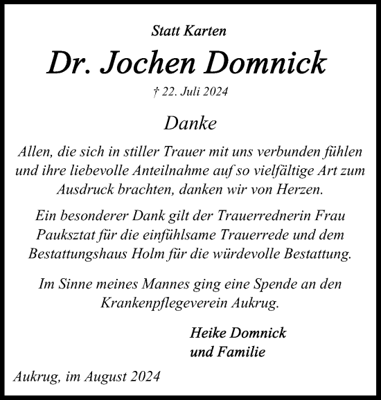 Traueranzeige von Jochen Domnick von Schleswig-Holsteinische Landeszeitung