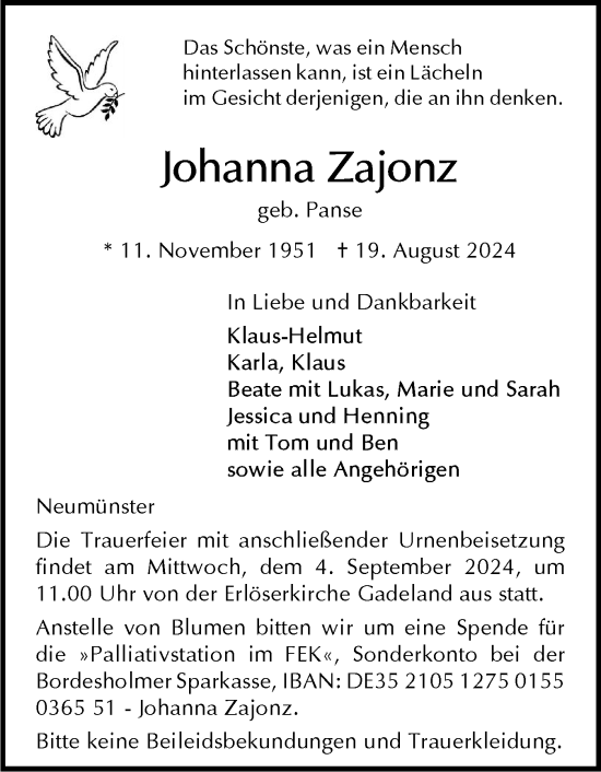 Traueranzeige von Johanna Zajonz von Holsteinischer Courier