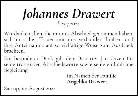 Traueranzeige von Johannes Drawert von Flensburger Tageblatt