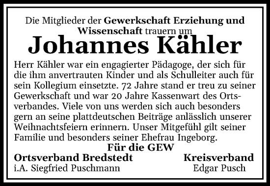 Traueranzeige von Johannes Kähler von Husumer Nachrichten, Nordfriesland Tageblatt