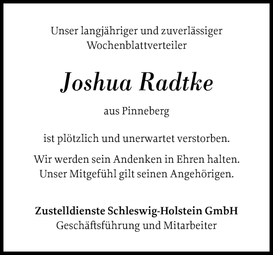 Traueranzeige von Joshua Radtke von Region Pinneberg und tip Pinneberg