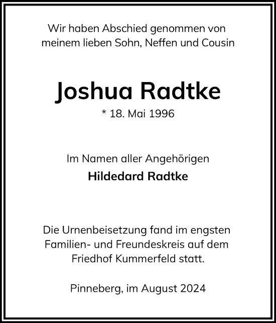 Traueranzeige von Joshua Radtke von Region Pinneberg und tip Pinneberg