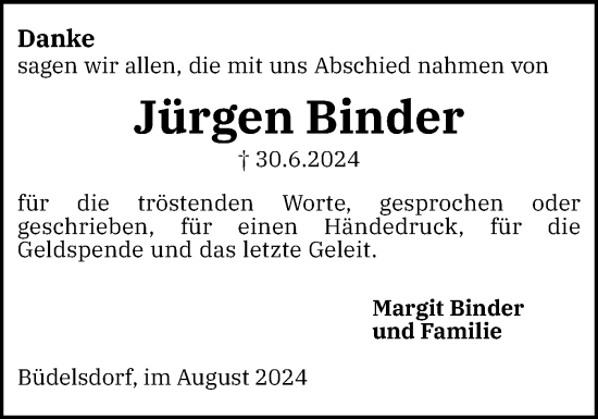 Traueranzeige von Jürgen Binder von Schleswig-Holsteinische Landeszeitung