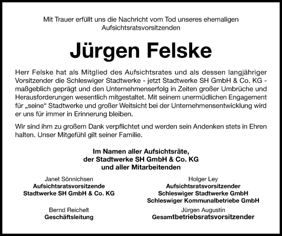 Traueranzeige von Jürgen Felske von Schleswiger Nachrichten, Schlei-Bote