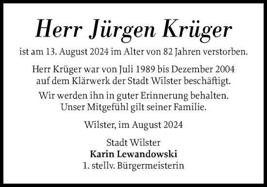 Traueranzeige von Jürgen Krüger von Norddeutsche Rundschau, Wilstersche Zeitung, Glückstädter Fortuna