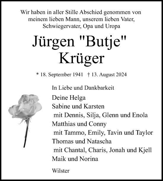 Traueranzeige von Jürgen Krüger von Norddeutsche Rundschau, Wilstersche Zeitung, Glückstädter Fortuna