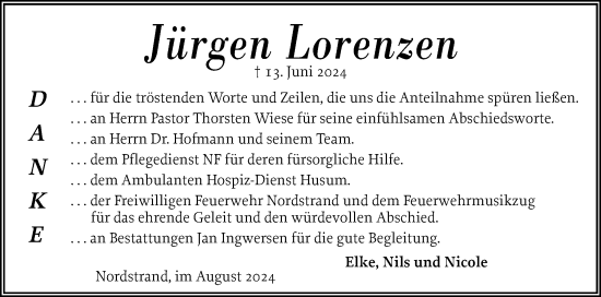 Traueranzeige von Jürgen Lorenzen von Husumer Nachrichten, Nordfriesland Tageblatt