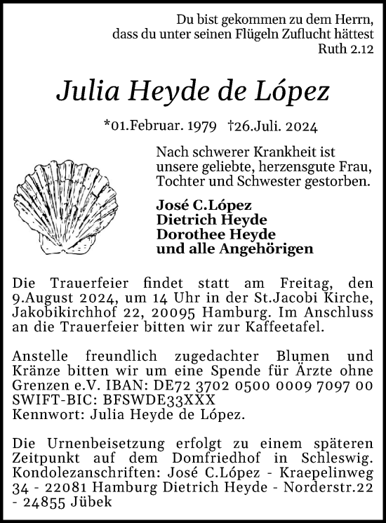 Traueranzeige von Julia Heyde de Löpez von Schleswiger Nachrichten, Schlei-Bote