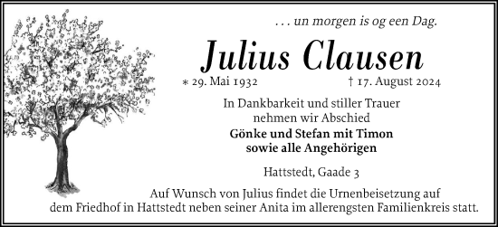 Traueranzeige von Julius Clausen von Husumer Nachrichten, Nordfriesland Tageblatt