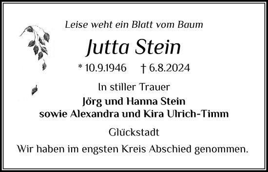 Traueranzeige von Jutta Stein von Norddeutsche Rundschau, Wilstersche Zeitung, Glückstädter Fortuna