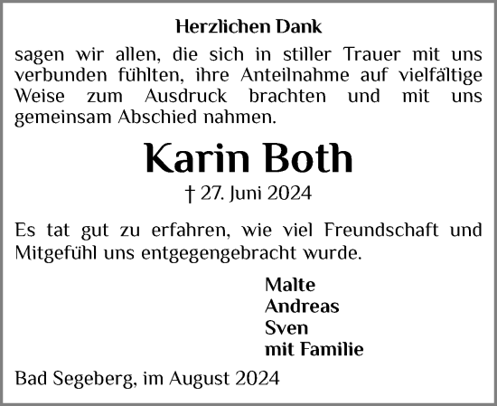 Traueranzeige von Karin Both von Holsteinischer Courier