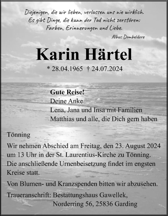 Traueranzeige von Karin Härtel von Husumer Nachrichten, Nordfriesland Tageblatt